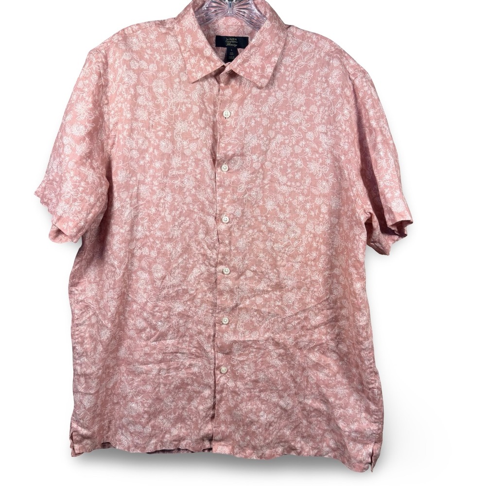 Club Room Linen Luxury Large Pink White Hawaiian Button Down Short Sleeve Shirt